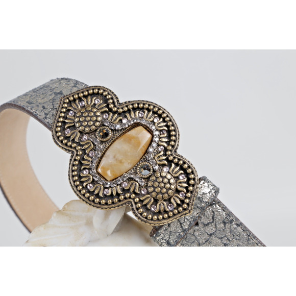 VTG Leatherock Belt Metallic Crackled Leather Rhinestone Gem Statement Buckle M main image 16